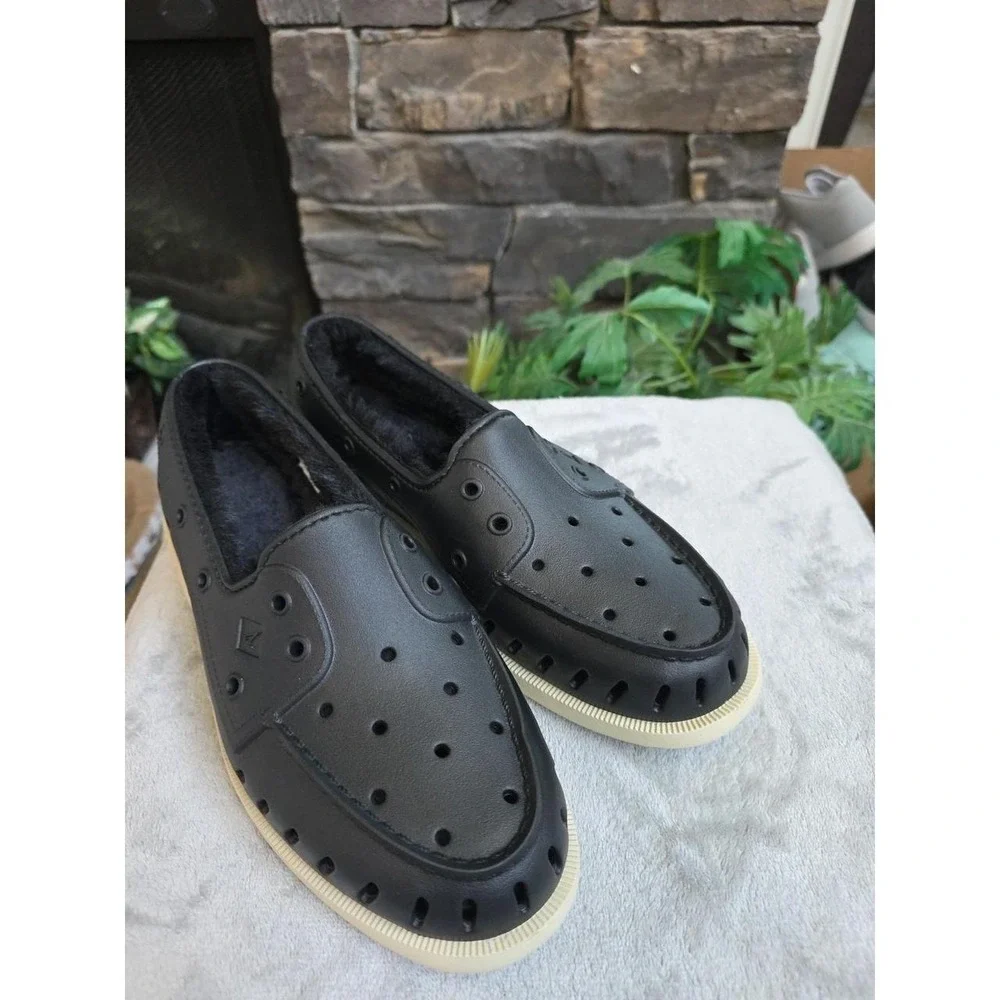 Sperry Mens  Fur Lined Float Cozy Black Rubber Boat Shoes Size 10